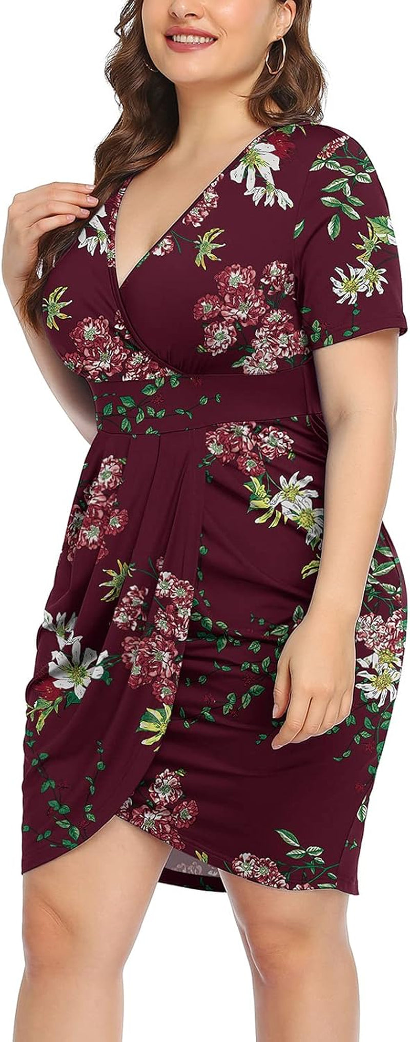 Womens plus Size Short Sleeve Deep V Neck Bodycon Wrap Dress with Front Slit