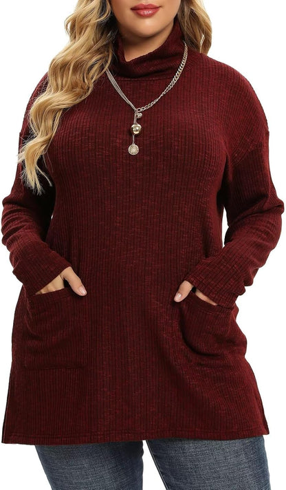 plus Size Sweater for Women, Women'S Pullover Turtleneck Long Sleeve Knit Sweater Shirts with Pockets for Fall Winter