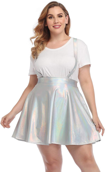 plus Size Shiny Metallic Suspender Skirt High Waisted Holographic Rave Skirt