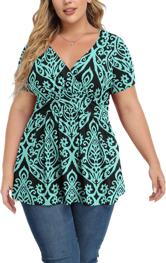 Women'S plus Size Dressy Tops Wrap Shirt Short Sleeve Tunic Top V Neck Low Cut Cute Blouse