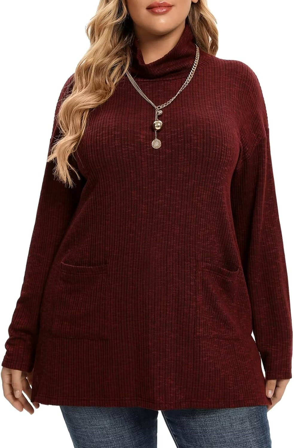 plus Size Sweater for Women, Women'S Pullover Turtleneck Long Sleeve Knit Sweater Shirts with Pockets for Fall Winter