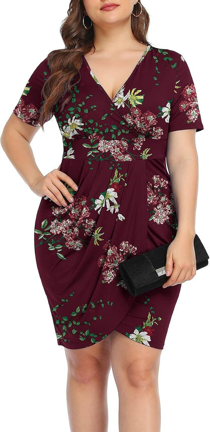 Womens plus Size Short Sleeve Deep V Neck Bodycon Wrap Dress with Front Slit