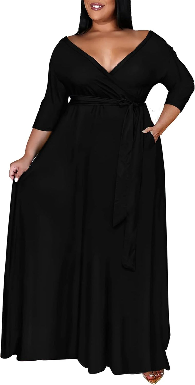 plus Size Dress for Women - 3/4 Sleeve V Neck Printing Maxi Dresses for Women （XL-6XL）