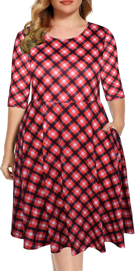 Womens plus Size Summer Dresses Empire Waist Casual plus Size Knee-Length Dresses with Pockets