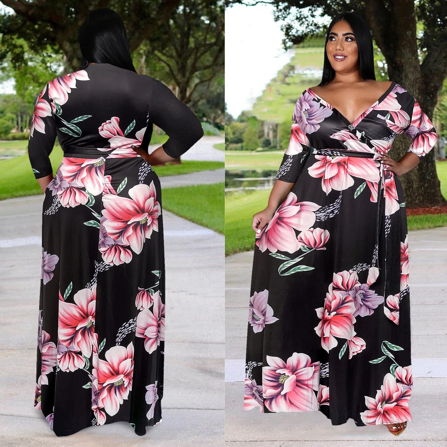 plus Size Dresses for Women Floral Maxi Dress Flowy 3/4 Sleeve with Belt