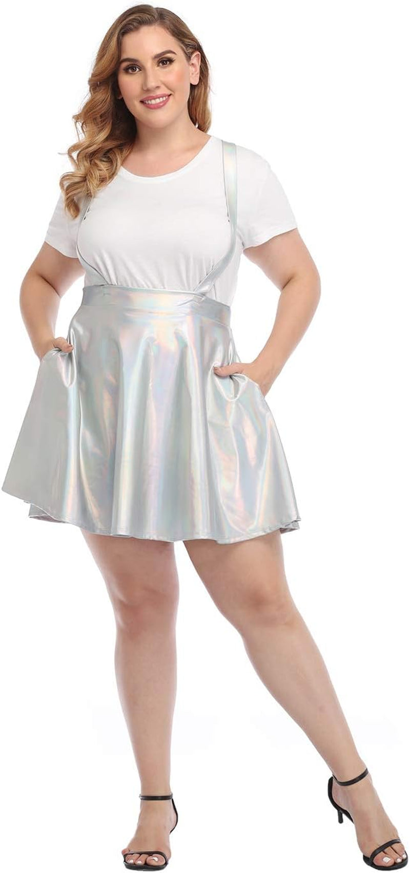 plus Size Shiny Metallic Suspender Skirt High Waisted Holographic Rave Skirt