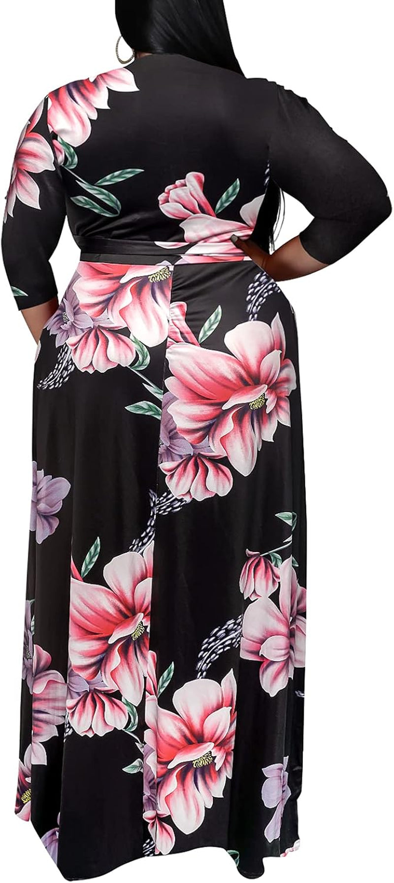 plus Size Dresses for Women Floral Maxi Dress Flowy 3/4 Sleeve with Belt