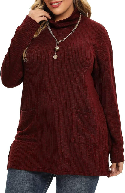 plus Size Sweater for Women, Women'S Pullover Turtleneck Long Sleeve Knit Sweater Shirts with Pockets for Fall Winter