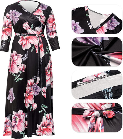 plus Size Dresses for Women Floral Maxi Dress Flowy 3/4 Sleeve with Belt