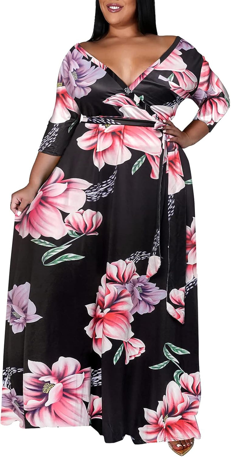 plus Size Dresses for Women Floral Maxi Dress Flowy 3/4 Sleeve with Belt