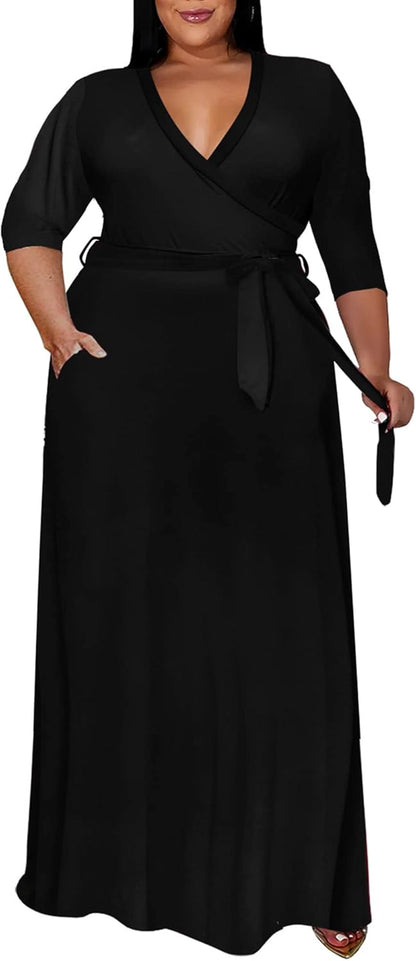 plus Size Dress for Women - 3/4 Sleeve V Neck Printing Maxi Dresses for Women （XL-6XL）