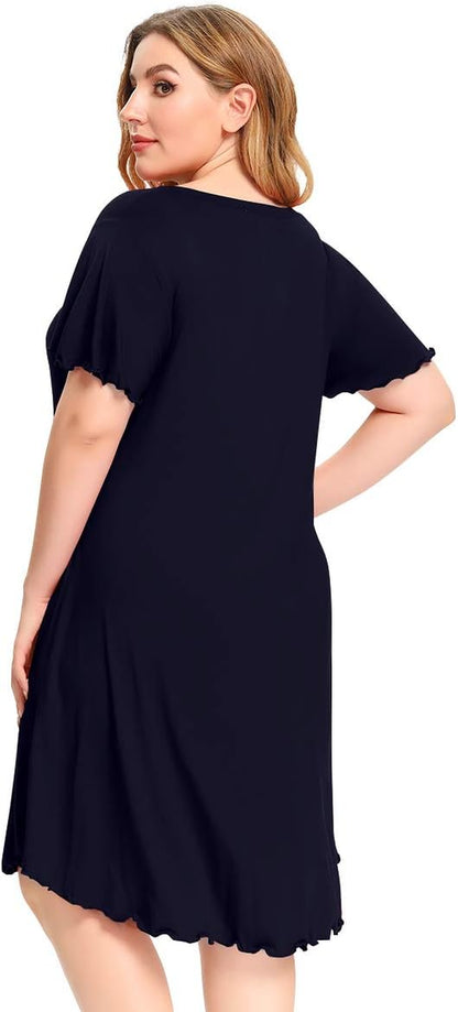 Short Sleeve plus Size Nightgown Ruffle Seams Sleeping Shirt Dress with Pockets for Women Sleepwear