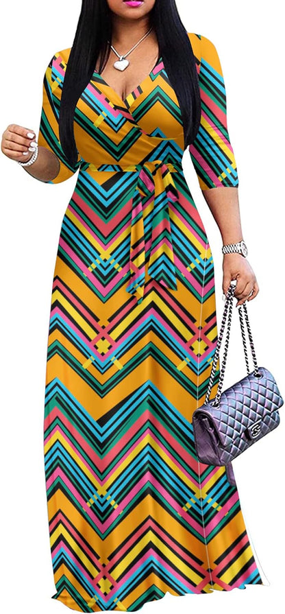 plus Size Maxi Dress for Women Casual Summer Sundress V-Neck 3/4 Sleeve