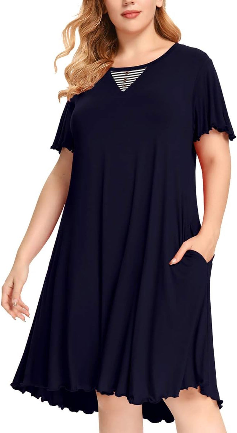 Short Sleeve plus Size Nightgown Ruffle Seams Sleeping Shirt Dress with Pockets for Women Sleepwear