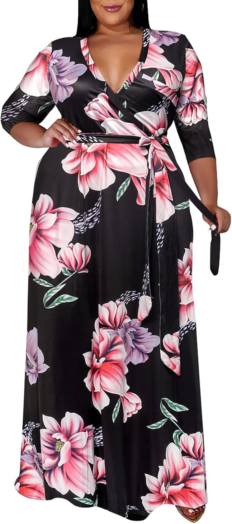 plus Size Dresses for Women Floral Maxi Dress Flowy 3/4 Sleeve with Belt