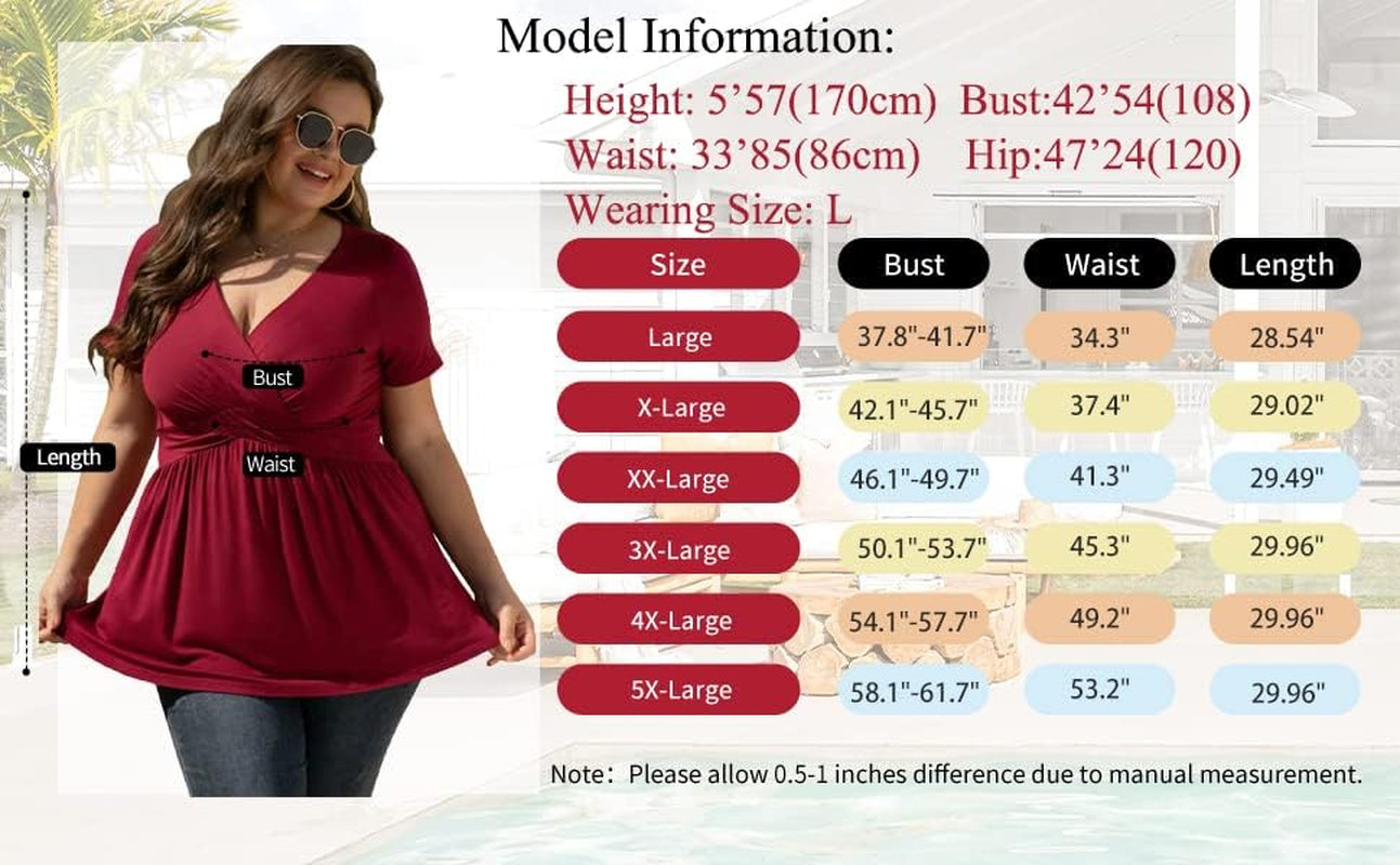 Women'S plus Size Dressy Tops Wrap Shirt Short Sleeve Tunic Top V Neck Low Cut Cute Blouse