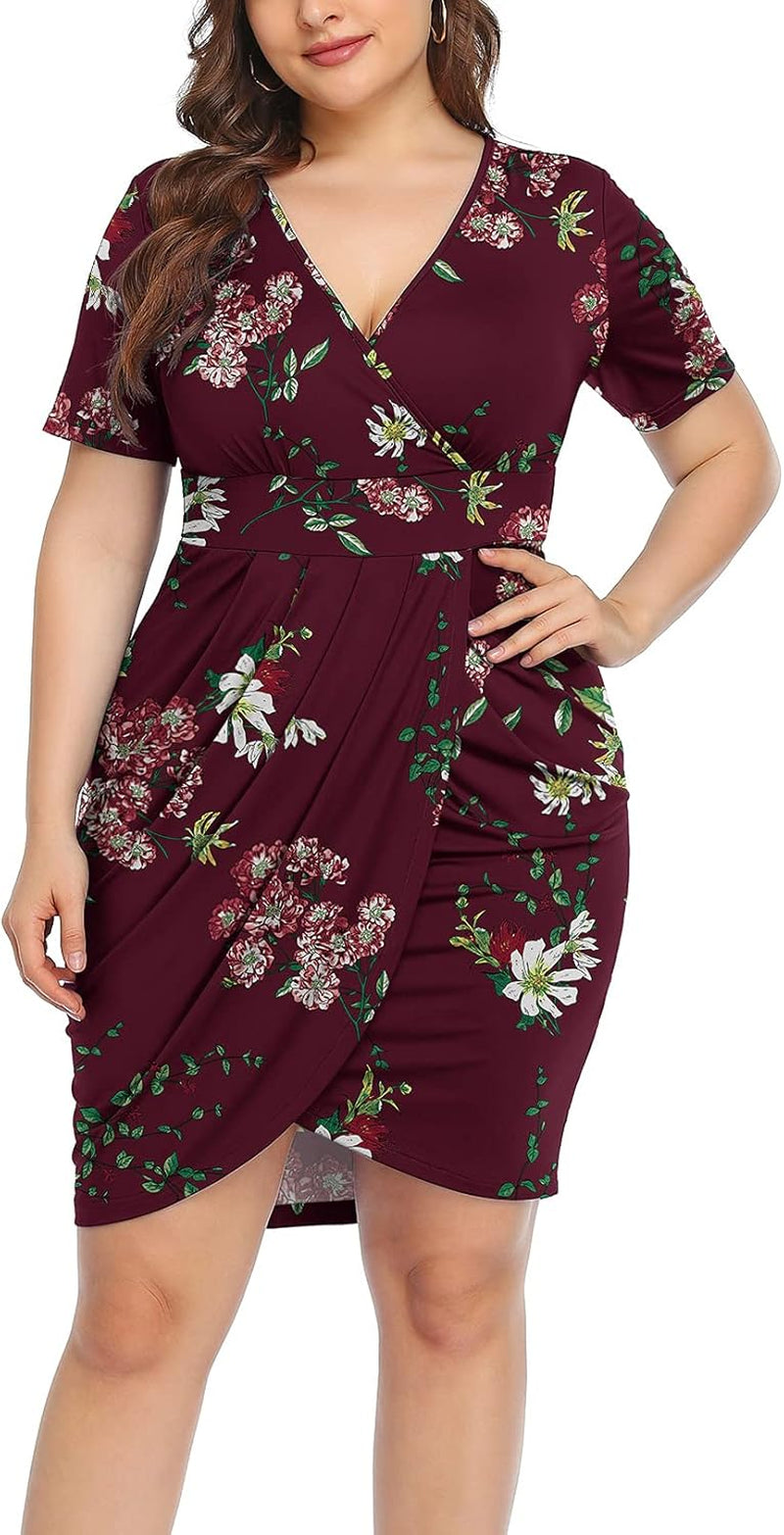 Womens plus Size Short Sleeve Deep V Neck Bodycon Wrap Dress with Front Slit