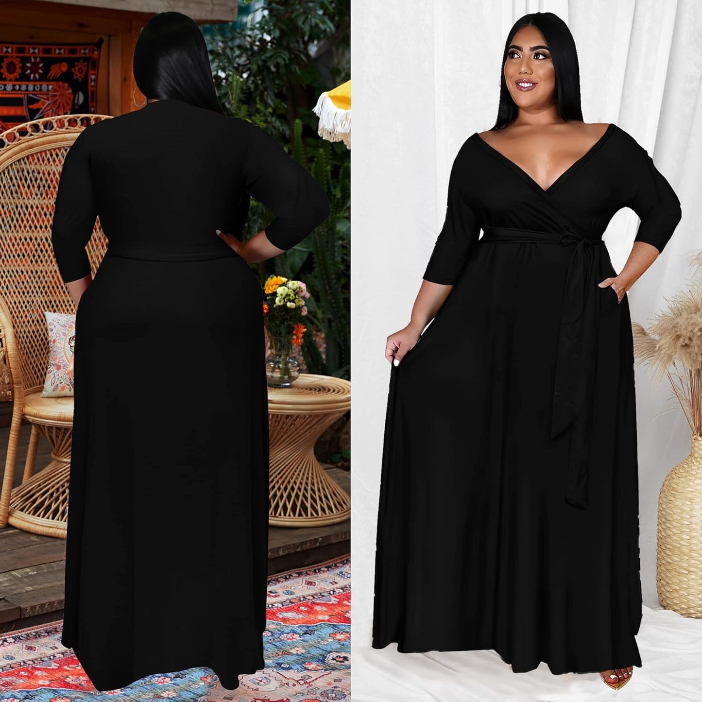 plus Size Dress for Women - 3/4 Sleeve V Neck Printing Maxi Dresses for Women （XL-6XL）