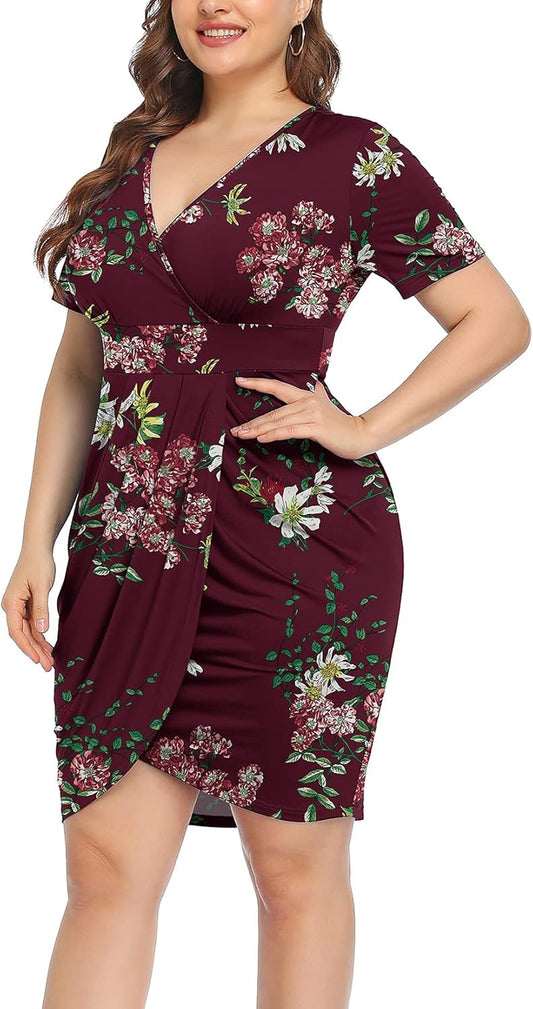 Womens plus Size Short Sleeve Deep V Neck Bodycon Wrap Dress with Front Slit