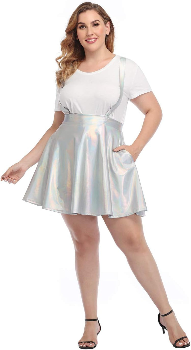 plus Size Shiny Metallic Suspender Skirt High Waisted Holographic Rave Skirt