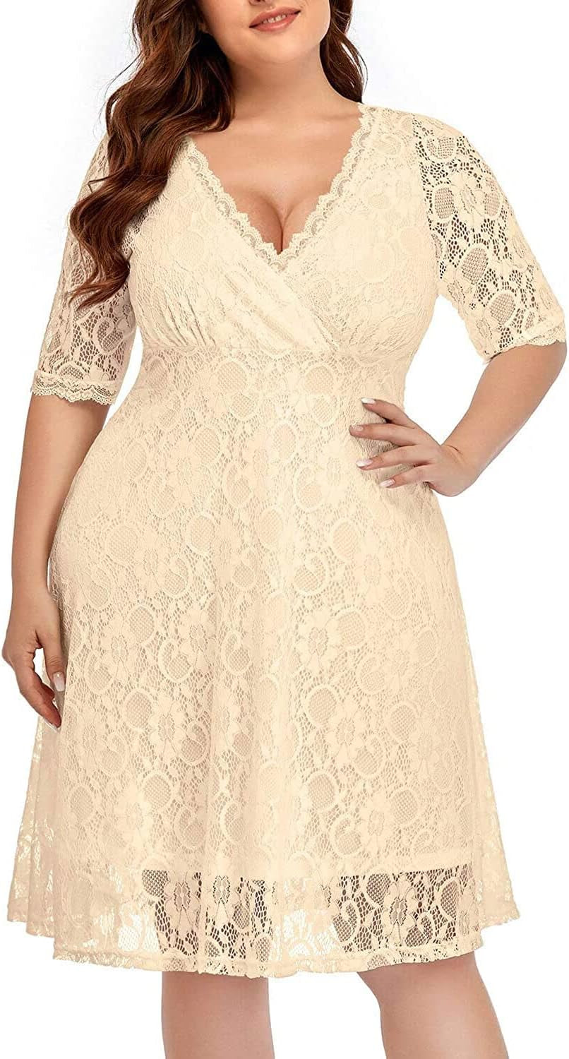 Women'S plus Size Wedding Guest Cocktail Party Semi Formal Lace Wrap V Neck Knee Length Dress