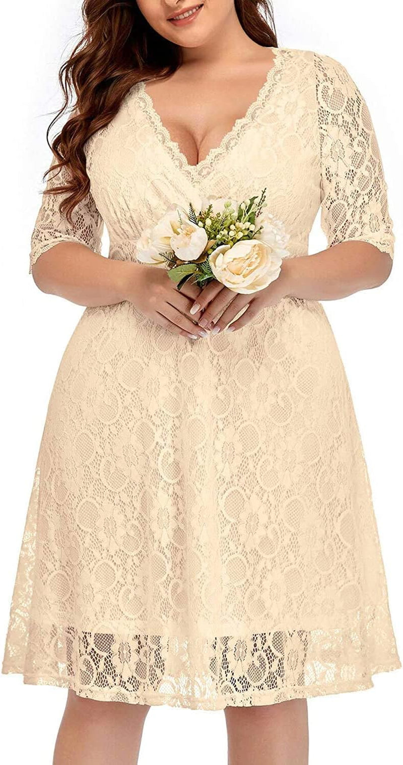 Women'S plus Size Wedding Guest Cocktail Party Semi Formal Lace Wrap V Neck Knee Length Dress