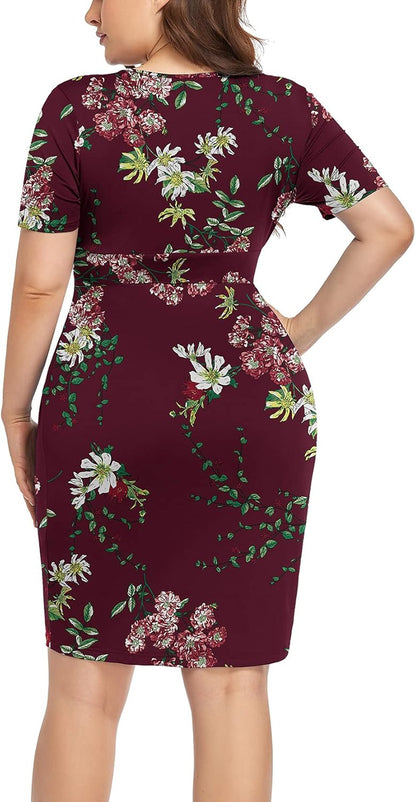 Womens plus Size Short Sleeve Deep V Neck Bodycon Wrap Dress with Front Slit