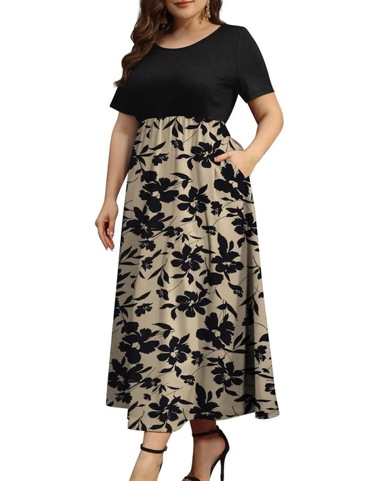 Women plus Size Dresses Short Sleeve Loose Ribbed Casual Long Maxi Dresses with Pockets M-4X