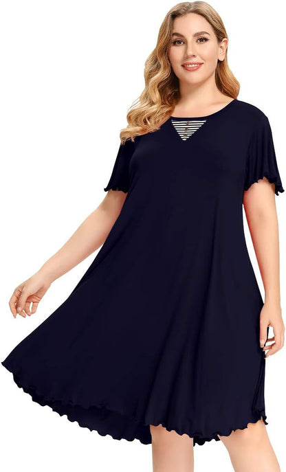 Short Sleeve plus Size Nightgown Ruffle Seams Sleeping Shirt Dress with Pockets for Women Sleepwear