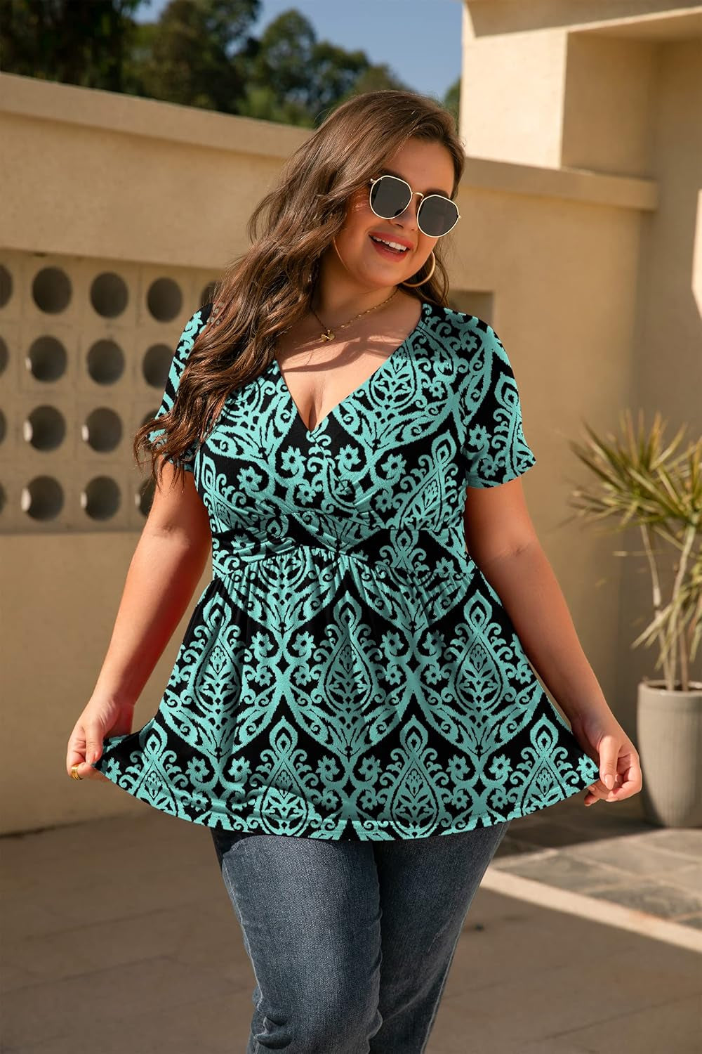 Women'S plus Size Dressy Tops Wrap Shirt Short Sleeve Tunic Top V Neck Low Cut Cute Blouse